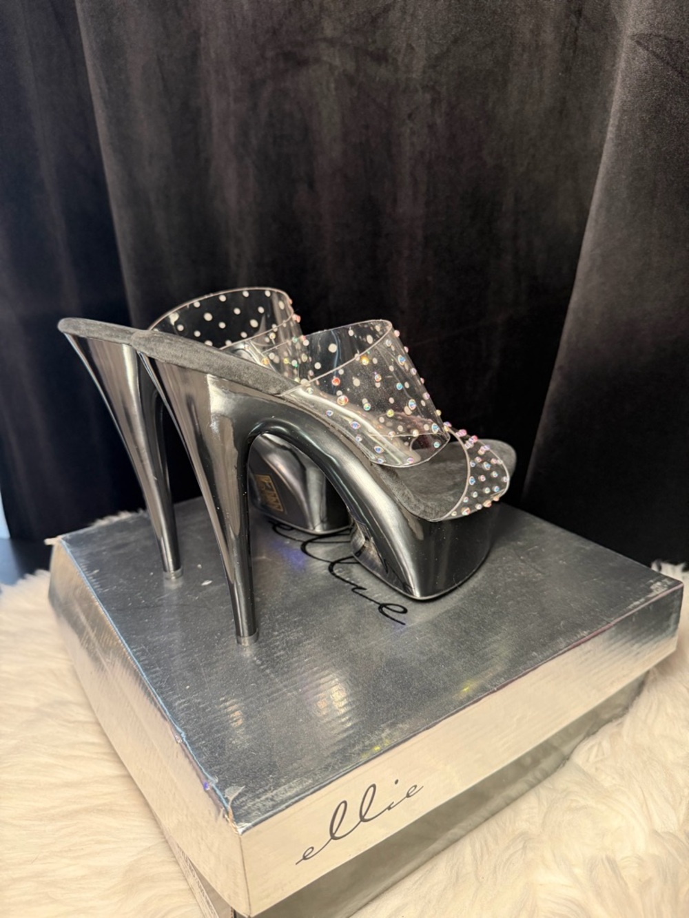 Ellie Black Platform Heels with Iridescent Crystal Straps - Picture 6 of 12
